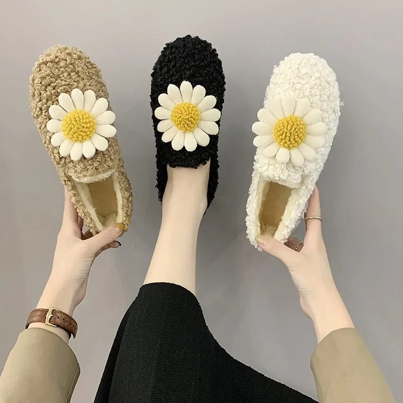 

Fashion Winter Daisy Hairy Women's Shoes The New Casual Solid Slip-On Round Toe Flower Short Plush Kick Flat With High Quality