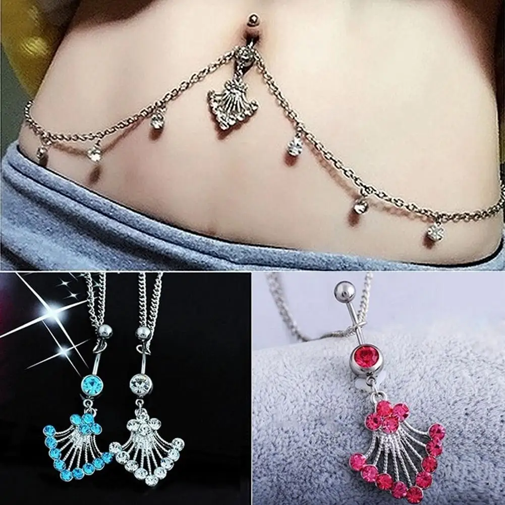 

Sexy Women Rhinestone Dangle Navel Piercing Belly Button Ring with Waist Chain