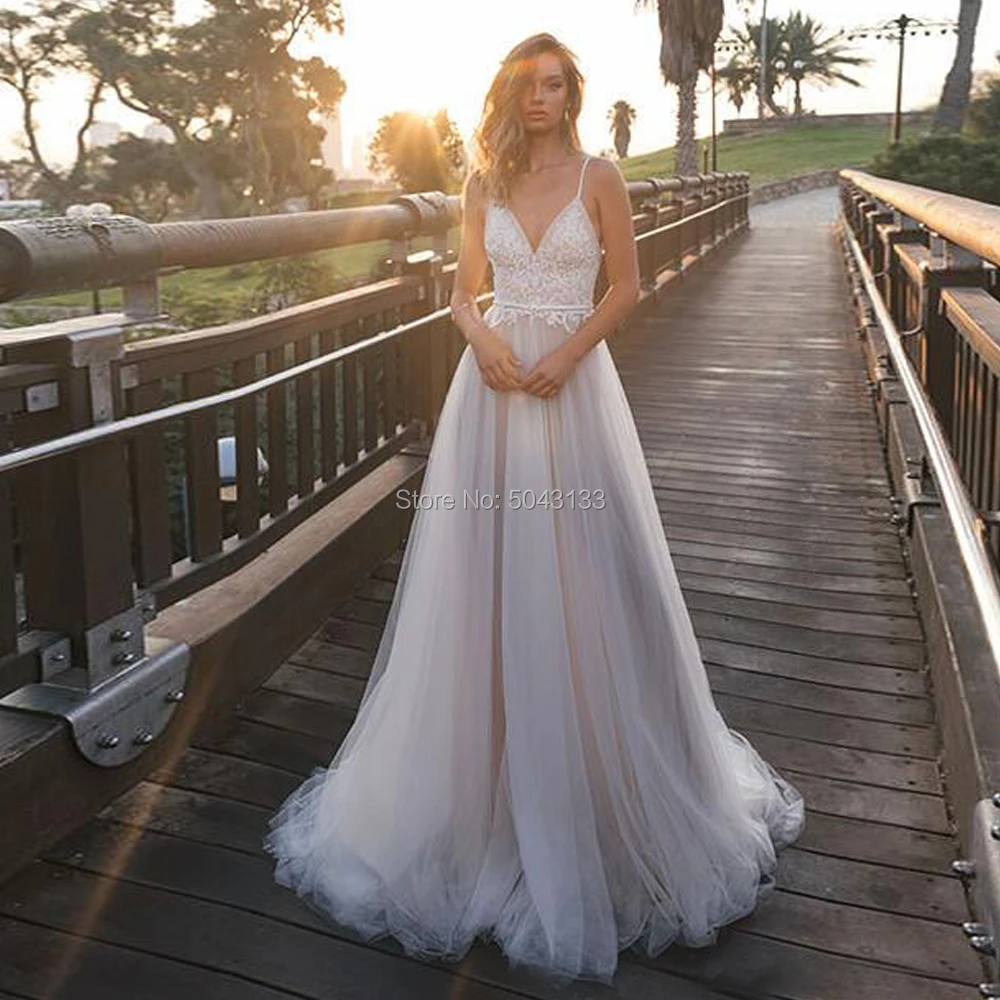 

Vestido de Noiva Summer Beach A Line Wedding Dresses 2020 Sexy Straps Spaghetti Lace Top Backless Tulle Bridal Gowns Formal