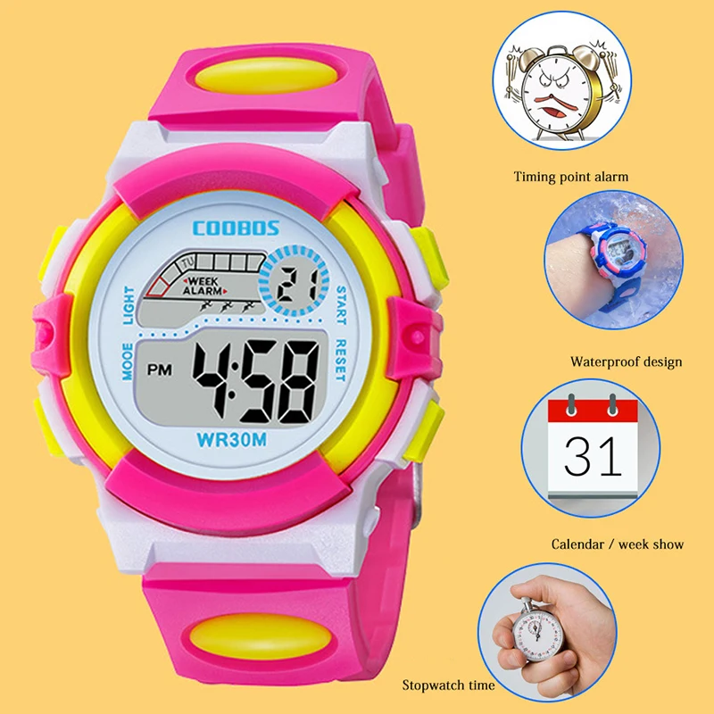 Waterproof Design Kids Watch Cute Pink Girl Digital Sports Led Watch  Date Alarm Week Show Electronic Watch Children Clock reloj
