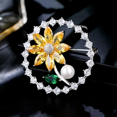 Luxury AAA Zircon Rose Sunflower Dandelion Brooches Pins Jewelry Rhinestone Cubic Zirconias Brooch for Women Wedding Bouquet Pin 8