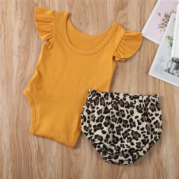 

Baby Summer Clothing Infant Newborn Baby Girls Ruffled Plain Romper Leopard Print Shorts 2Pcs Girls Tracksuits Outfits Set 0-24M