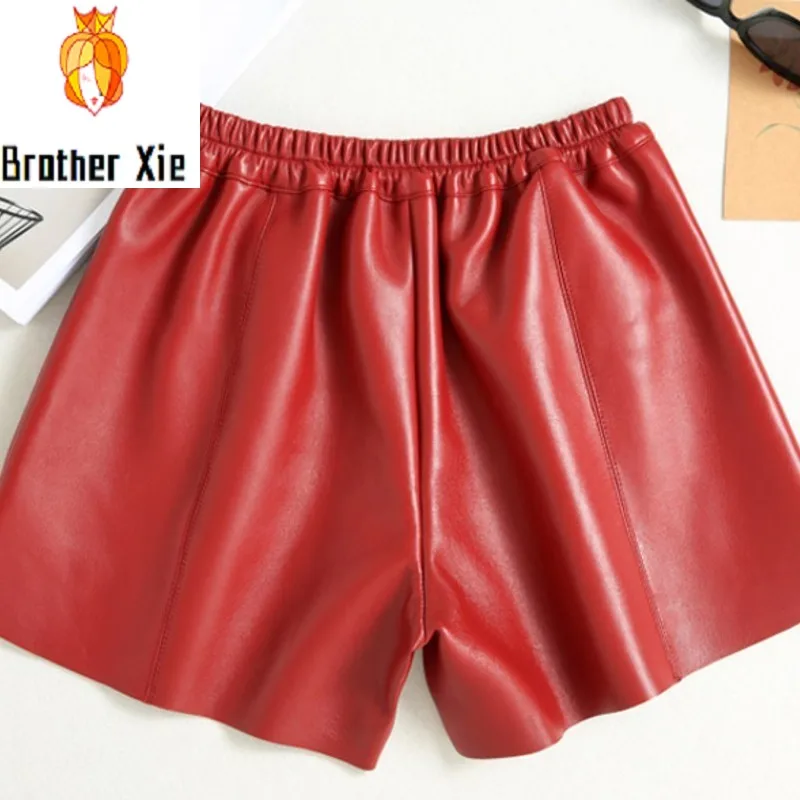 

Autumn Winter Red Woman Leather Shorts High Quality Loose Korean Wide Leg Elastic High Waist Sheepskin Shorts Women Large Size