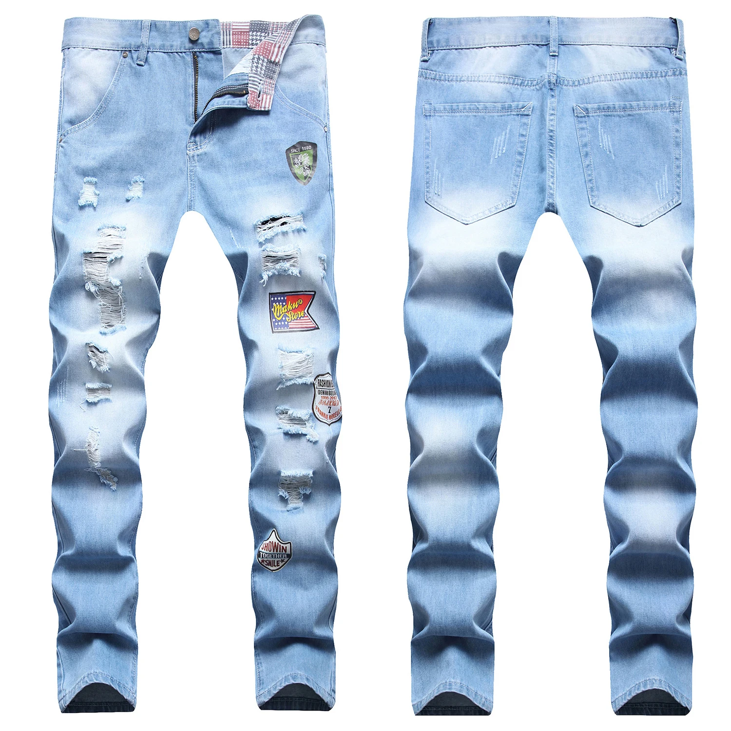

Men’s High Quality Prints Denim Pants,Slim-fit Scratches Ripped Jeans,Street Fashion White Wash Casual Jeans;