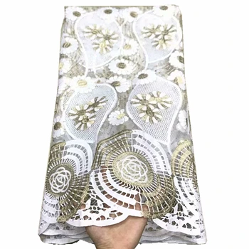 

Hot African Lace Fabric 2019 White Gold Line Lace Fabrics High Quality net Lace Embroidery French Tulle Lace Fabric For Wedding