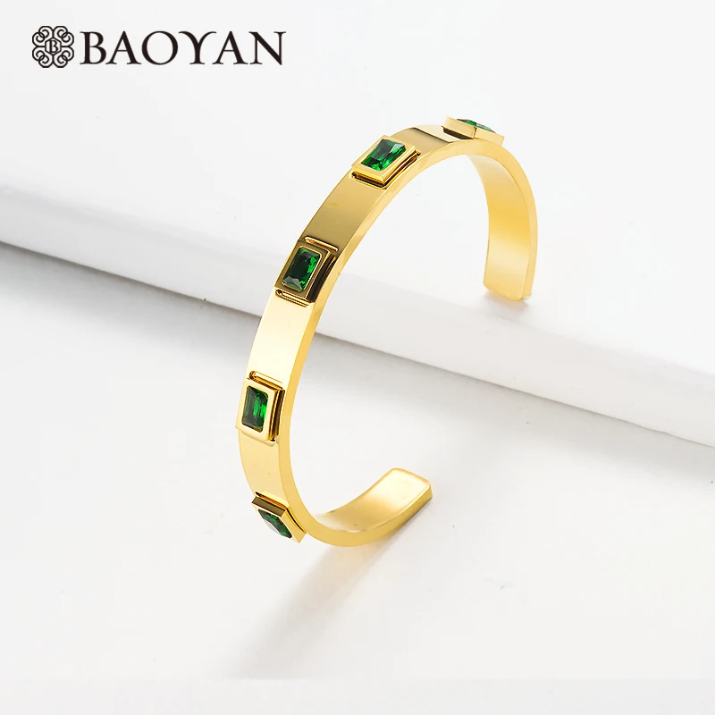 Baoyan, золотые/серебряные браслеты из нержавеющей стали, модный зеленый, красный, белый Кристальный браслет, роскошные золотые браслеты-манжеты, браслеты для женщин