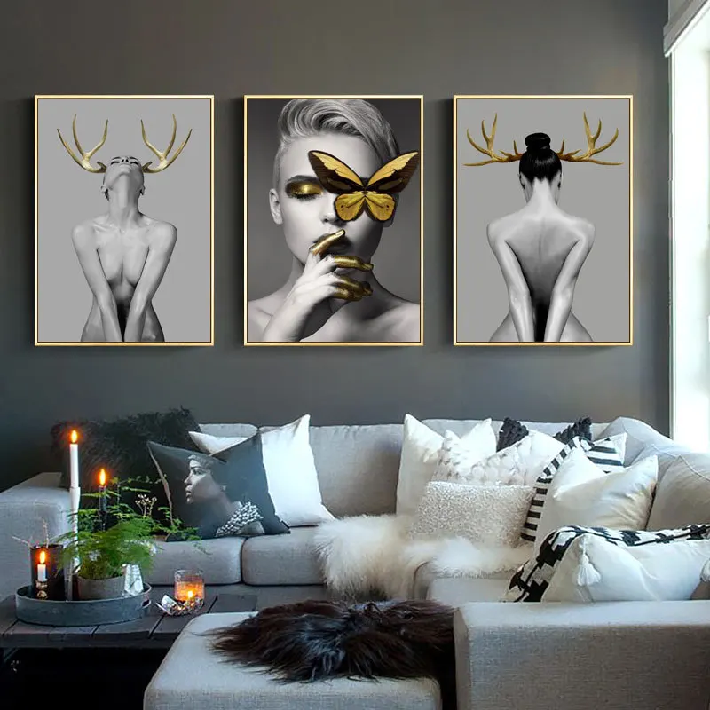 

Abstract Wall Art Pictures Fashion Woman butterfly Lips Gold And Golden antler Modern Home Canvas Painting Beauty Decor Posters