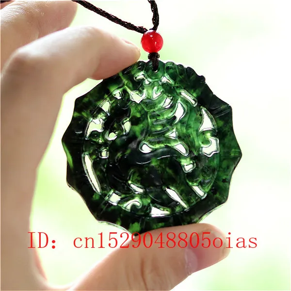 Natural Black Green Chinese Jade Horse Pendant Necklace Obsidian Charm Jewelry Double-sided Hollow Carved Amulet Gifts for Women | Украшения