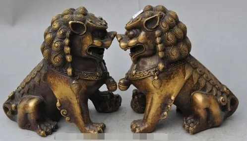 YM 316 old china fengshui pure bronze foo dog lion beast ball evil spirits statue pair