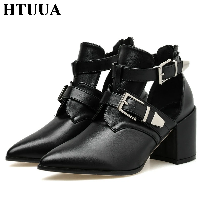 

HTUUA 35-42 Plus Size Chelsea Boots Women Metal Buckle Square High Heels Black Pointed Toe Short Ankle Boots Ladies Shoes SX3178