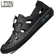 Slippers Summer Shoes For Men's Large Size Deadlift Sandals Breathable Genuine Leather Middle-Aged Driving Beach Hollow 2021 New