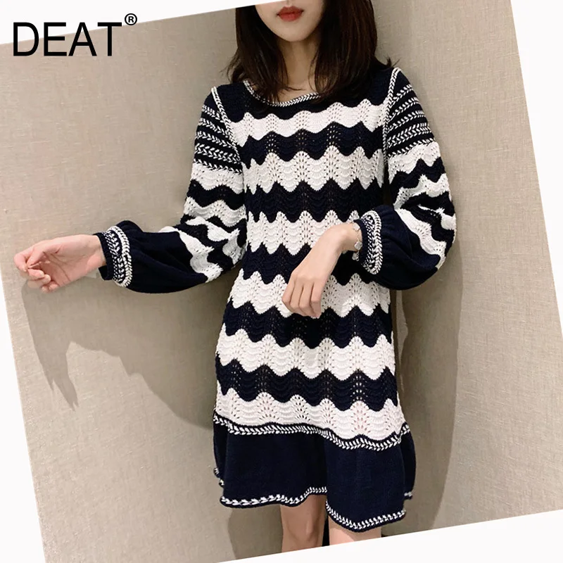 

DEAT Dark Blue Round Neck Lantern Long Sleeve Wavy Print Woman Knit Dress Sweet Casual Simple Fashion 2020 Winter New TD201