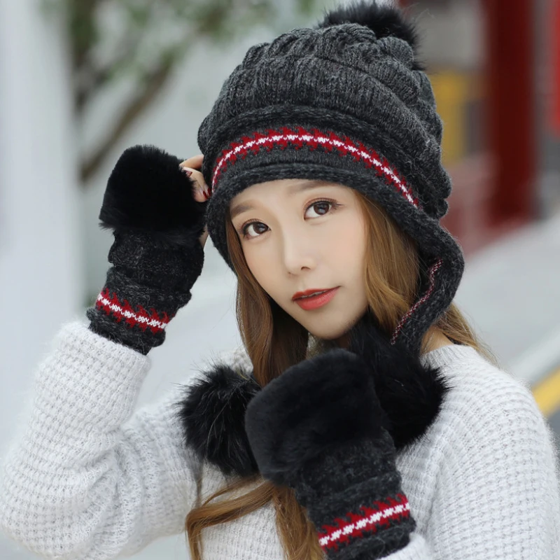 HT2690 Autumn Winter Hat Gloves Set Fur Pompoms Knitted Ear Flap Cap Ladies Fur Knitted Hat and Gloves Female Winter Accessories