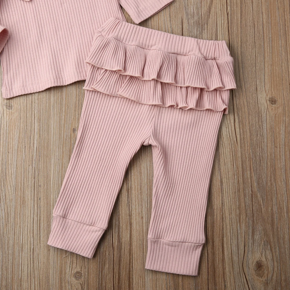 0-24M Infant Newborn Baby Girl Clothes Sets Autumn Winter Clothes Solid Ruffle Knitted Tops Leggings Pants Clothing Outfits Set