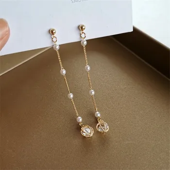 

2020 Long Pearl Tassel Earrings Temperament Simple Rhinestone Crystal Set Hollow Ball Stud Earrings