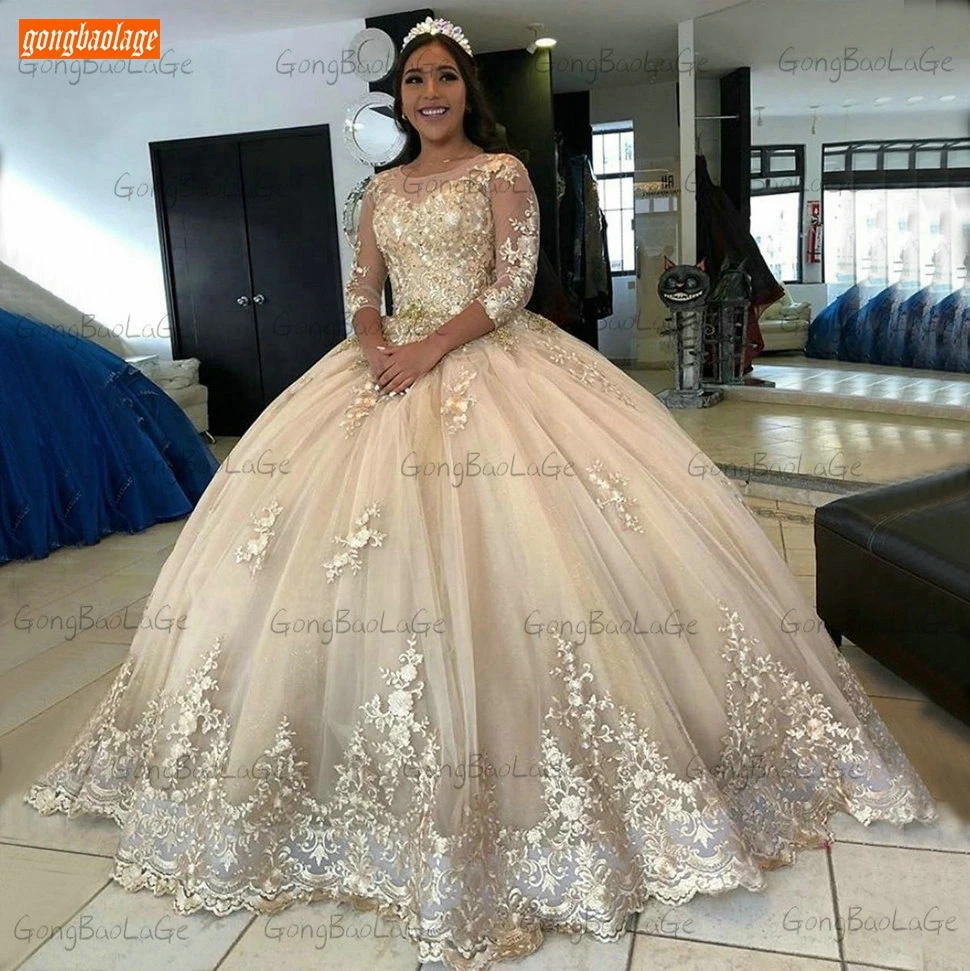 Champagne Prom Dresses Long O Neck Lace Up Appliqued Tulle Ball Gown Women Dress Formal Princess Custom Made 2020 Robes De Bal short formal dresses