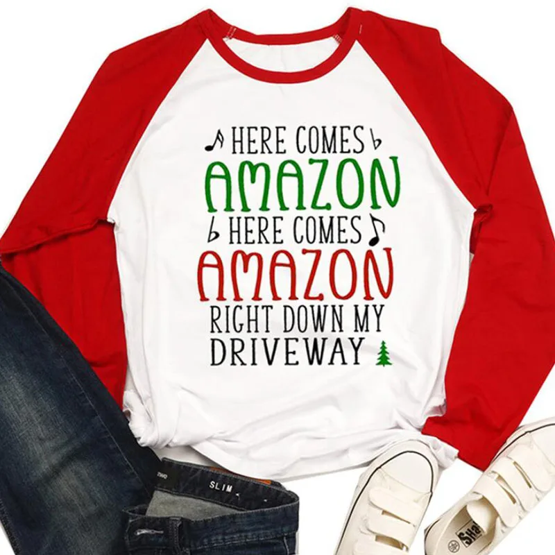 Футболка с длинными рукавами и надписью Here Comes Amazon Right Down My Driveway черная белая