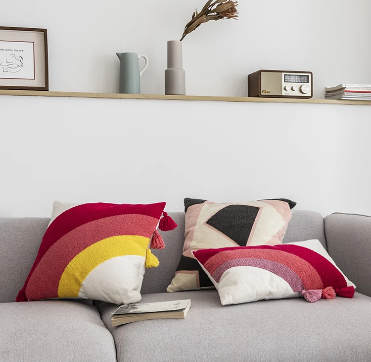 Наволочка для подушки с радужной вышивкой, красная Геометрическая наволочка для подушки с кисточками, декоративная наволочка для дома, наволочка, 45 см x 45 см/30x50 см