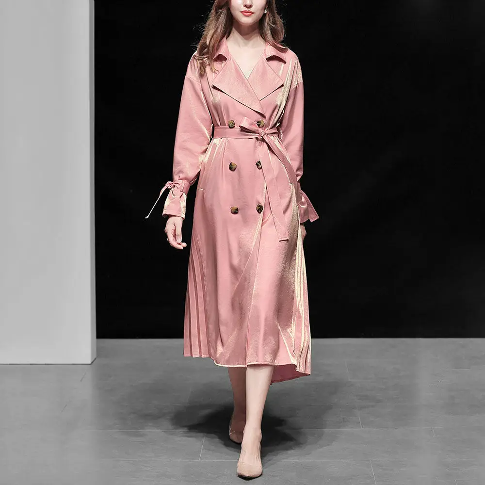 Новинка года, модное длинное пальто розового цвета для работы с поясом и длинными рукавами, офисное Элегантное Длинное Пальто-ветровка для женщин