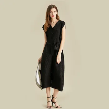 

LANMREM 2020 Fashion Pattern New Temperament V-neck Bow Waist Solid Color Leisure Style Wide Leg Nine Length Jumpsuit AD071