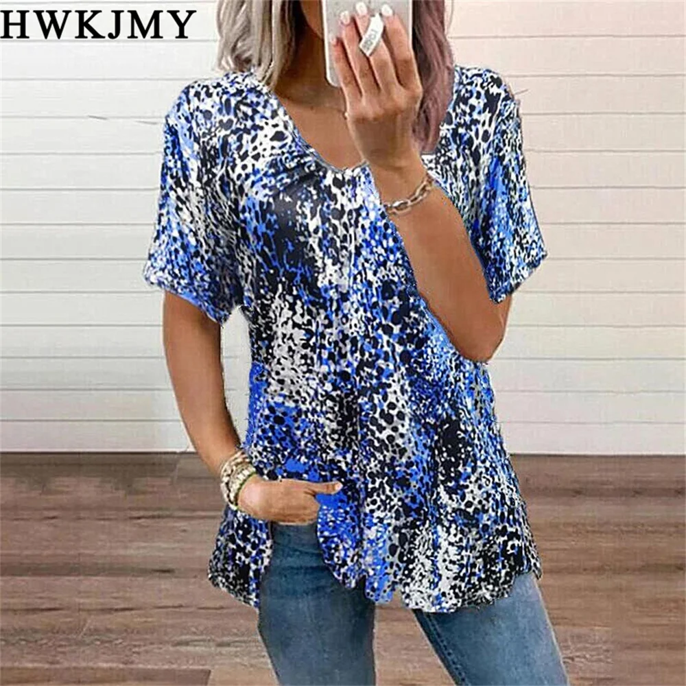 Summer Women's Clothing V-neck  Short Sleeve Tops Printed Tees Casual Loose T-shirt Plus Size Zipper Tee XS -  8XL cheap t shirts