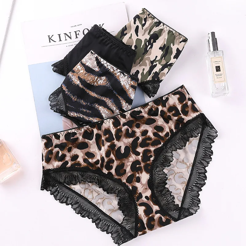 

2Pcs Women's Leopard Print Underwear Female Sexy Lace Panties Mid-Waist Ice Silk Briefs Women Solid Color Underpants Lingerie