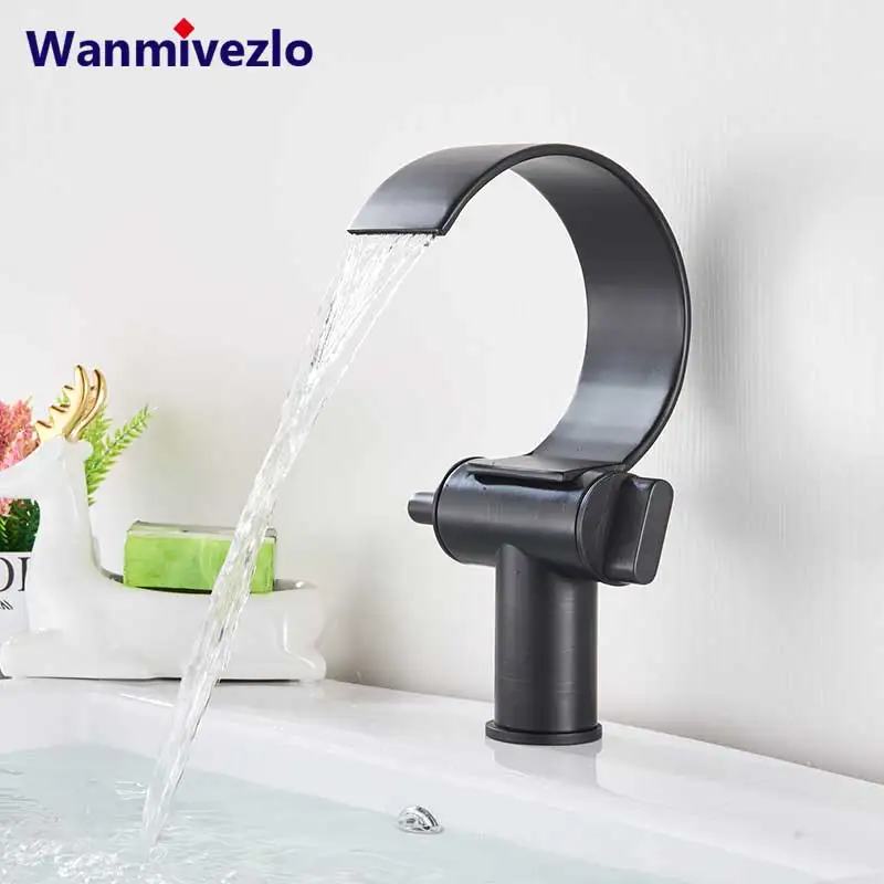 

Copper Single Hole Dual Handles Hot and Cold Basin Mixer Faucet Creative Waterfall Water Outlet Bathroom Vessel Sink Mixer Taps