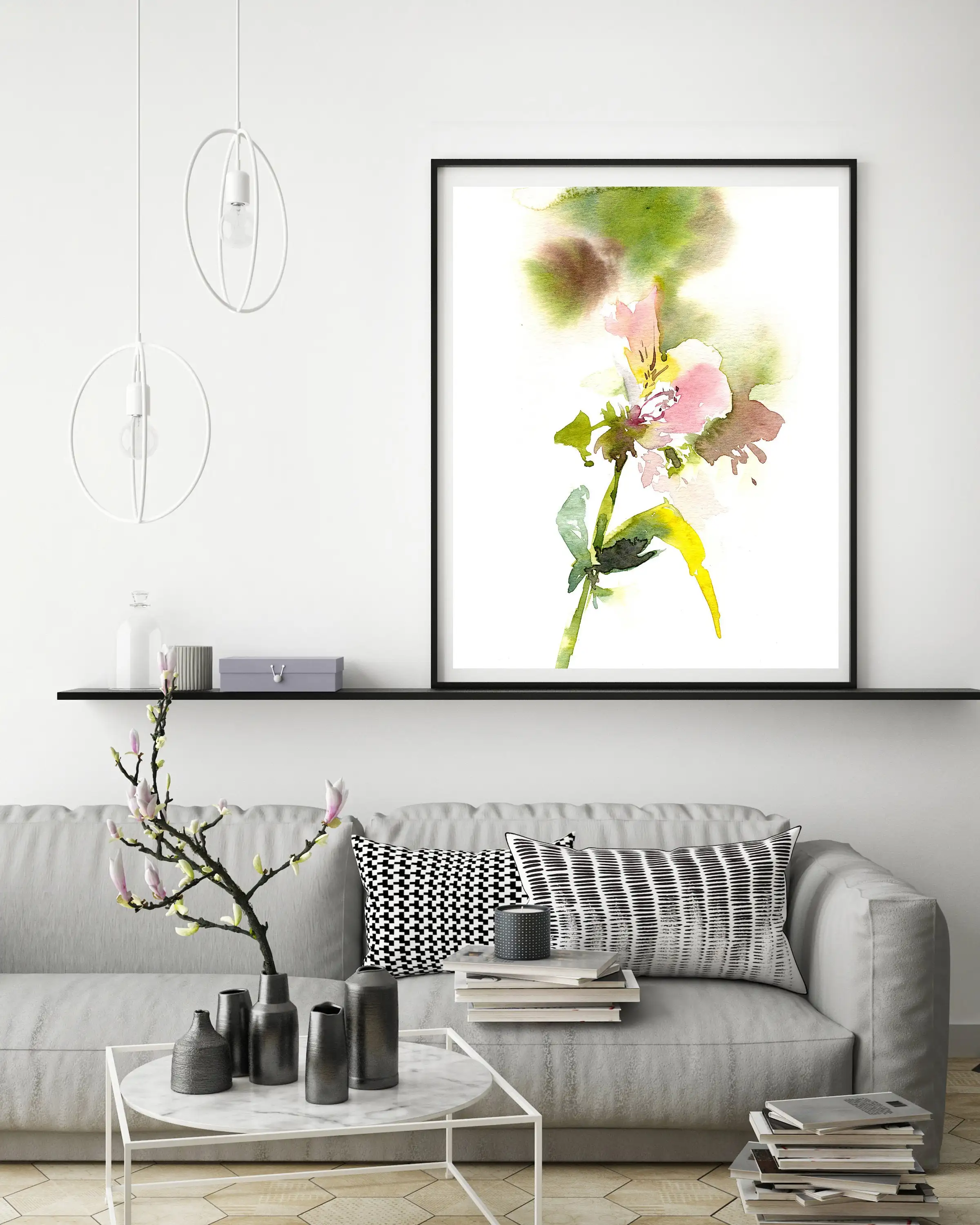 Floral Wall Print Alstroemeria Flowers Fine Art Green Peach Pink print Painting Botanical Giclée Archival Pr | Дом и сад