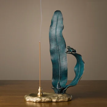 

13.3inches China Art Deco Pure Brass Painted Banana Leaf frog incense burner Censer Decoration Home Furnishings Gift Statue