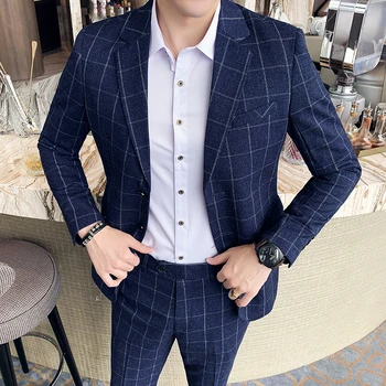 

New Suit Two-piece Suit Casual Korean Version Of The Trend Suit Plaid Small Business Casual Suit Straight Mens Tuxedo Prom Suits