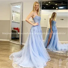 Высокое щелевой фонарь небесно-голубое платье для выпускного вечера Спагетти ремень аппликации vestidos de fiesta de noche крест накрест сзади платье для особых случаев