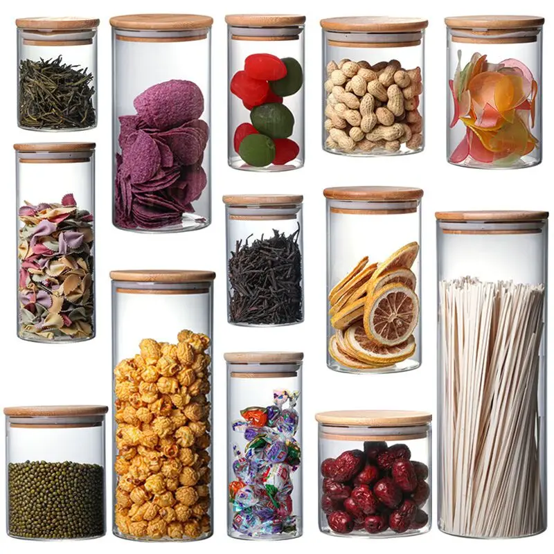 1X Storage Tank Food Container Bamboo Covered High Borosilicate Food Sealed Glass Tank Kitchen Miscellaneous Grain Organizer 3
