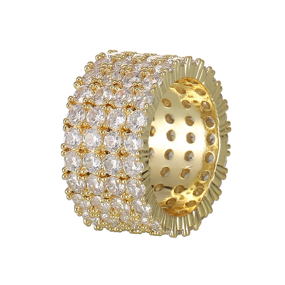 

4 Row CZ Solitaire Ring For Men Gold Silver Color Iced Out Charm Round Ring Band Classic Hip Hop Jewelry For Gifts