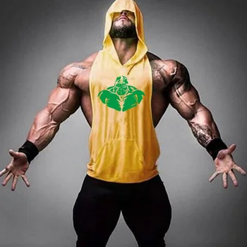 

Summer New Men Gym Fitness Personalized hooded Tank Tops Sleeveless hoodie vest Europe and America Men Exercise Sweat hoody