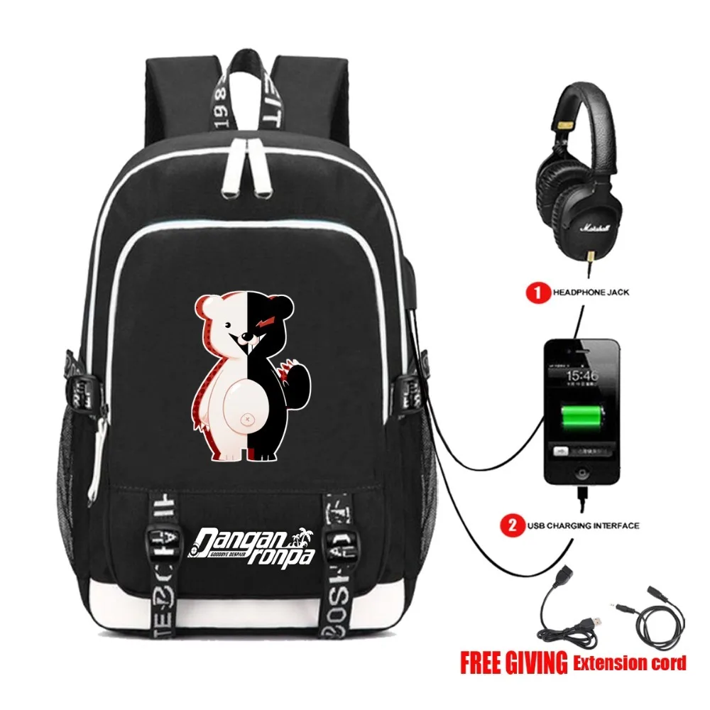 Danganronpa Косплей рюкзак USB зарядка наушников Джек мультфильм школьные сумки на плечо Подростковая Повседневная дорожная сумка для ноутбука