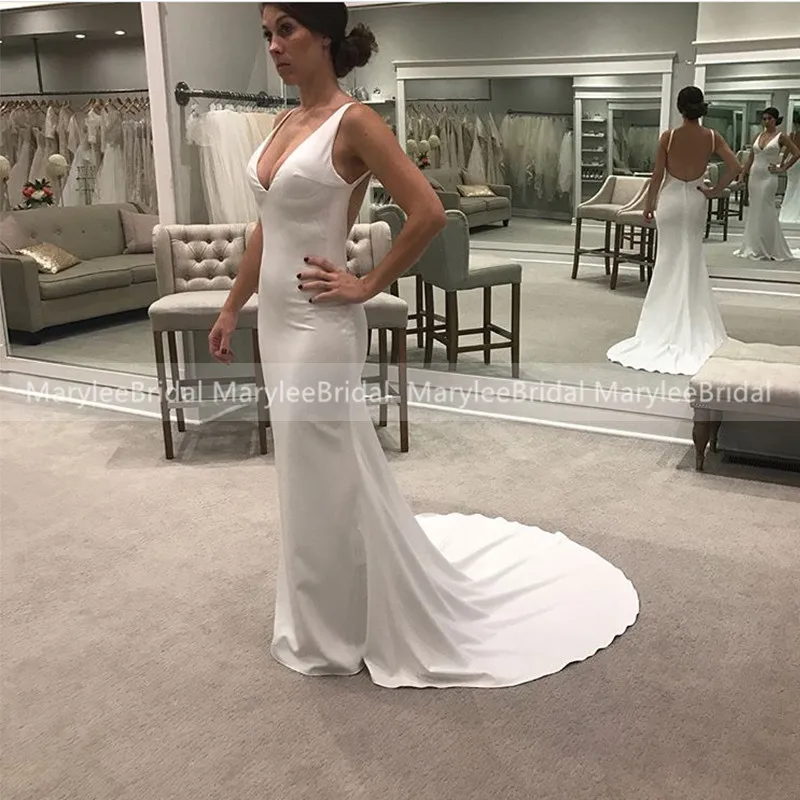 Sexy V-neck Wedding Dresses Mermaid Style Backless Elastic Satin robe de mariée Sweep Train Open Back Bridal Customize | Свадьбы и