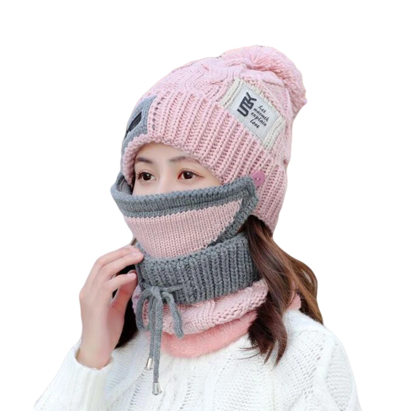 Women's Winter Scarf Hat Sets Hats Knitted Face Protection Mask 3 Pieces Set Balaclava Skullies Beanies Ski Beanie Warm Thick