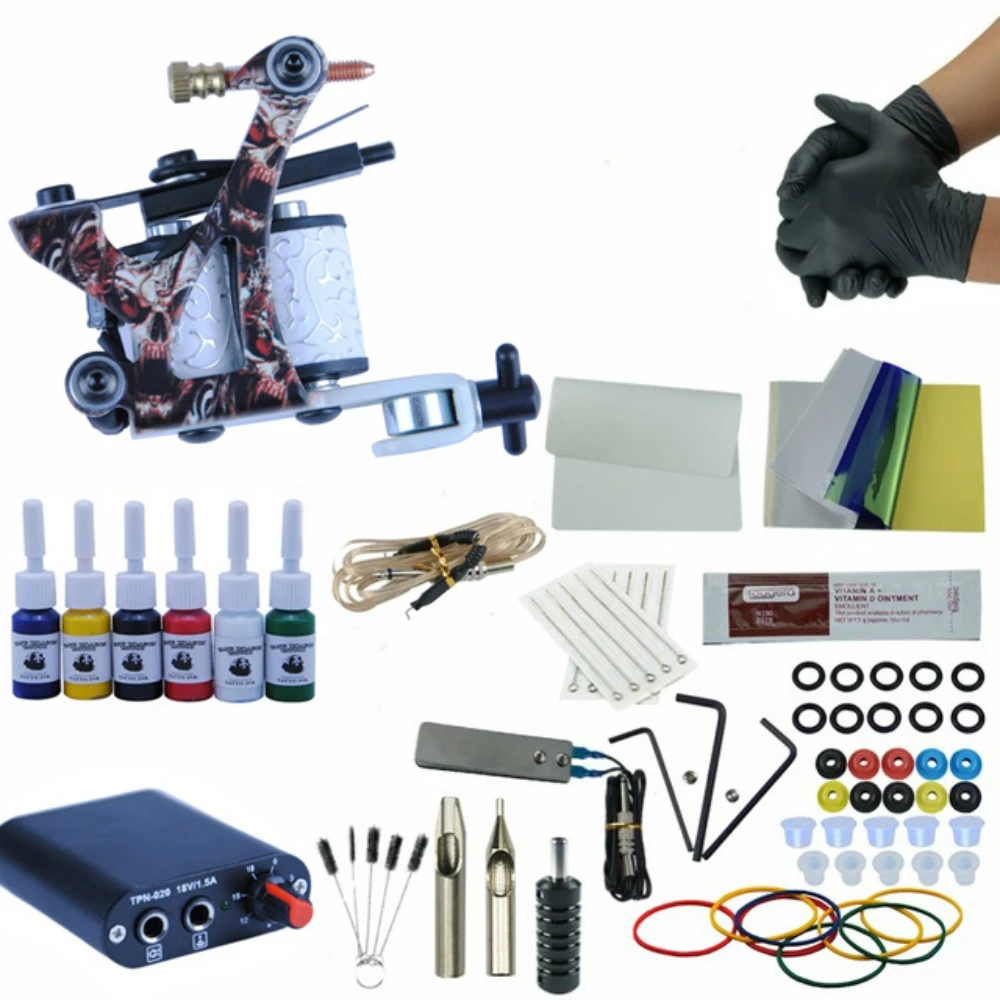 

Complete 1 Tattoo Machine Gun 6 Colors Pigment Inks Sets Power Supply Set Starter Tattoo Kits Body Art Tools Sets