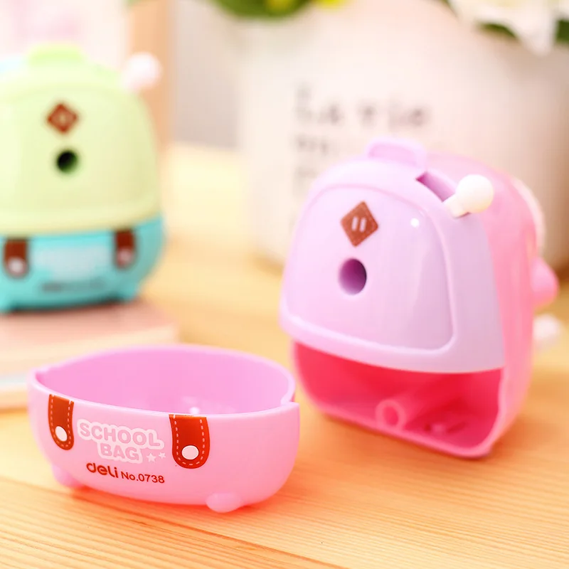 Deli 0738 Cute School Bag Pencil Shapper Students Cartoon Pencil Sharpener Children Pencil Sharpener Hand-cranking Pencil Sharpe