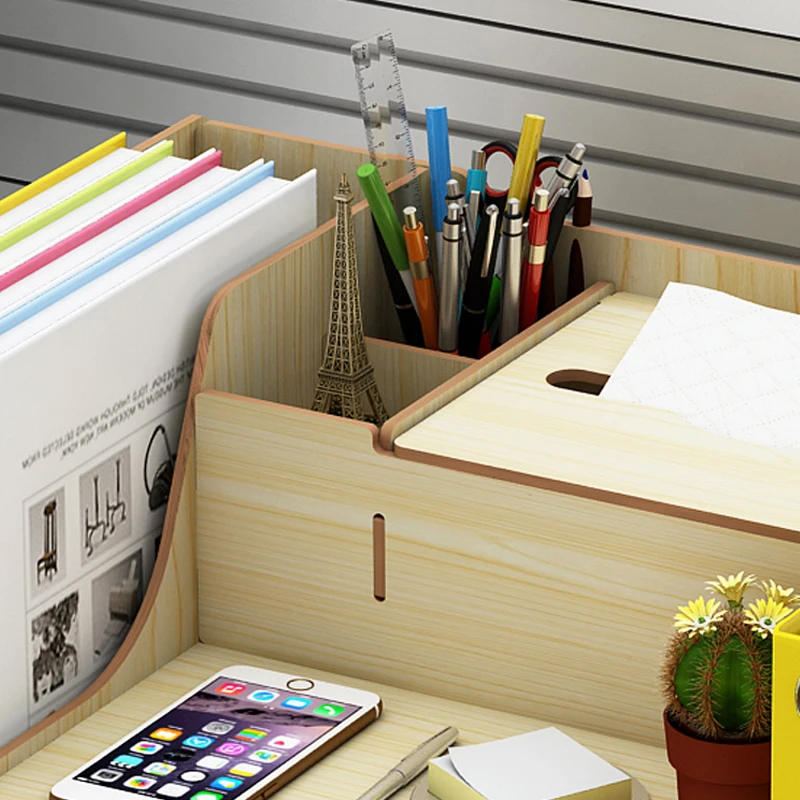 DIY деревянный стол набор офисный книжниый Настольный Бумага папку коробка для хранения с выдвижной ящик, книги стойки из дерева