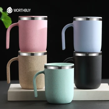 

Maiyuansu 304 Stainless Steel Coffee Mug Wheat Straw Tea Mug Water Cup With Spoon Kitchen Drinkware Leak-Proof Tea Coffee Cup