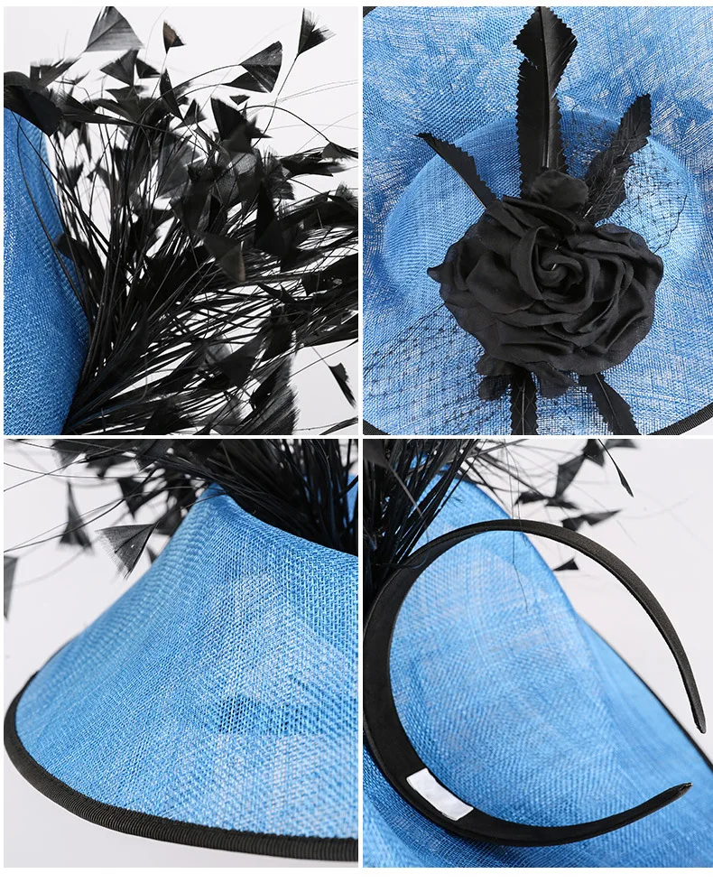 Брендовое роскошное натуральное украшение с перьями Sinamay Blue Hairband для женщин Европейский женский Банкетный коктейльный вечерние головной убор с цветами