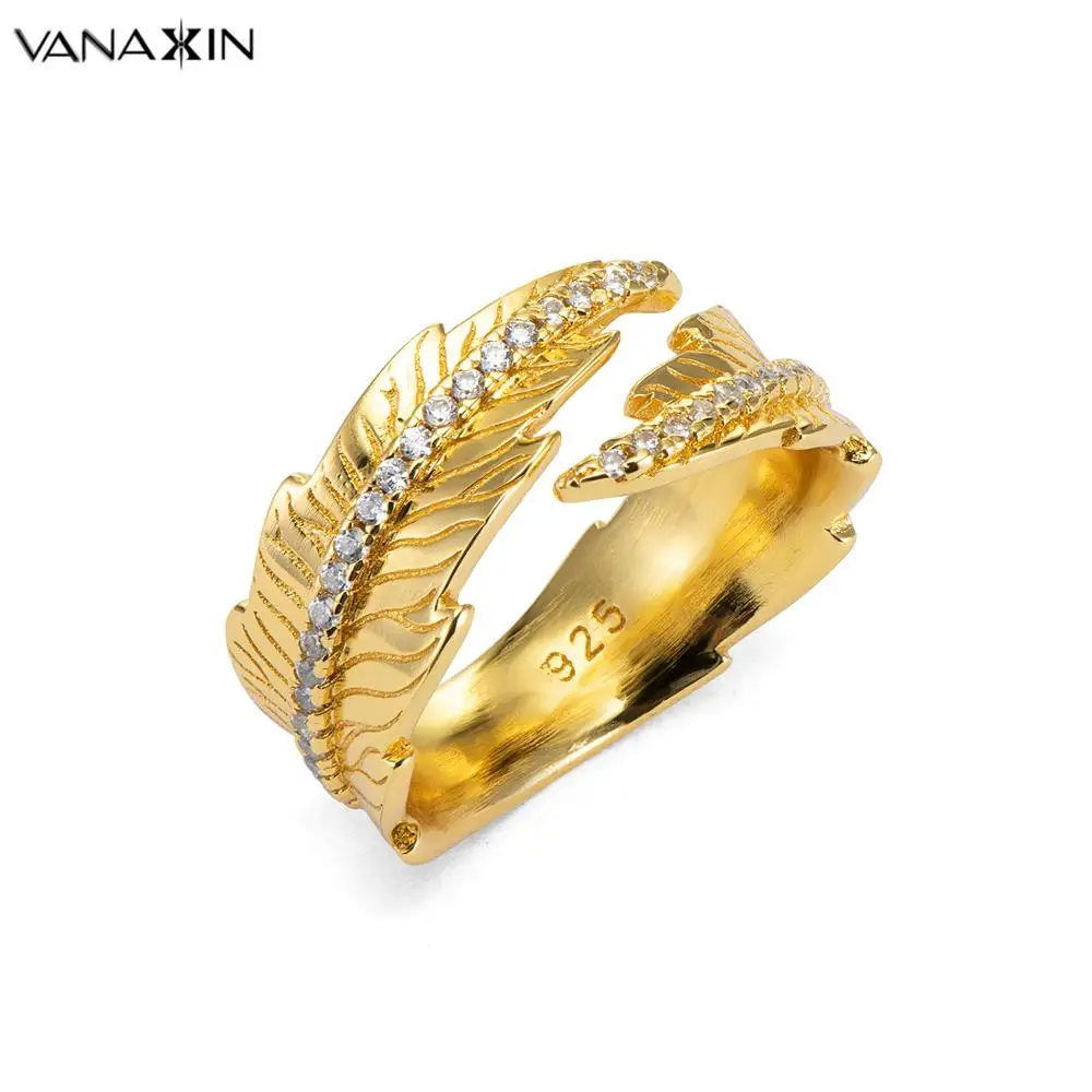 

VANAXIN 100% 925 Silver Sterling Feather Ring AAA CZ Crystal Ring Female Personality Open Ring Charms Jewelry 925 Gold Color Box
