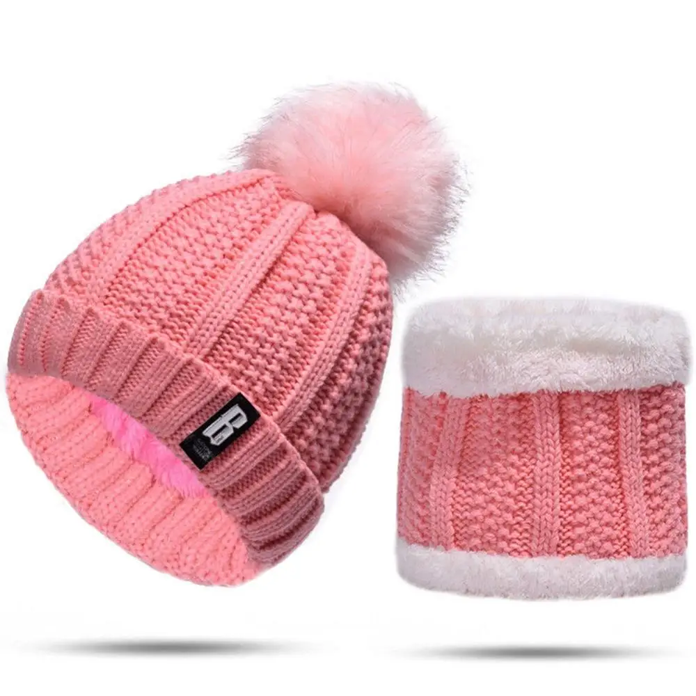 L Pink 1 Set Женская Вязаная Шапка-бини, шарф, кабельная шапка, 2 шт., снуд для шеи, зимние лыжные комплекты, помпон, Skullies, теплая шапка Gravity falks, шапка Gorros, женская, унисекс - Цвет: L Pink 1 Set
