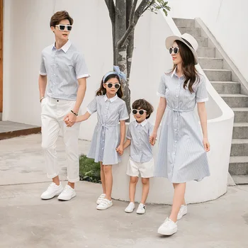 

Mother Daughter Shirt Dresses Striped Blouse Mommy and Me Clothes Mom Son Outfits Family Matching Clothing Tee Shirts for Dad