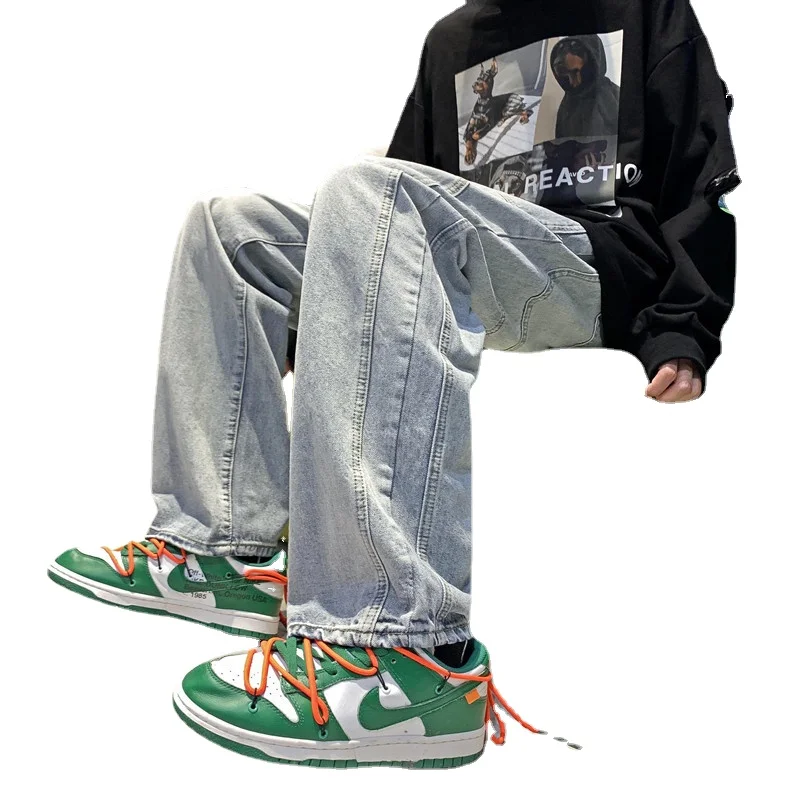 ICCLEK Tooling Jeans Men's Casual Pants Straight Loose Pants Fashion Wide-leg Pants Casual Trousers Punk Pants  Blue Pants