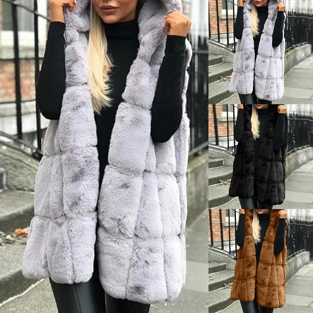 WENYUJH New Arrival Women Winter Vests Coats Faux Fur Gilet Vest Sleeveless Waistcoat Warm Femme Hooded Long Jacket Outwear