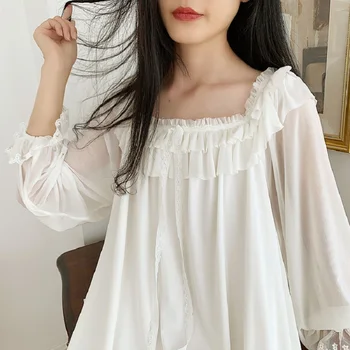 

Lace Ruffle Elegant Women's Cotton Long Nightgowns White Gauze Modal Nightwear Female Vintage Princess Night Dress Summer Autumn