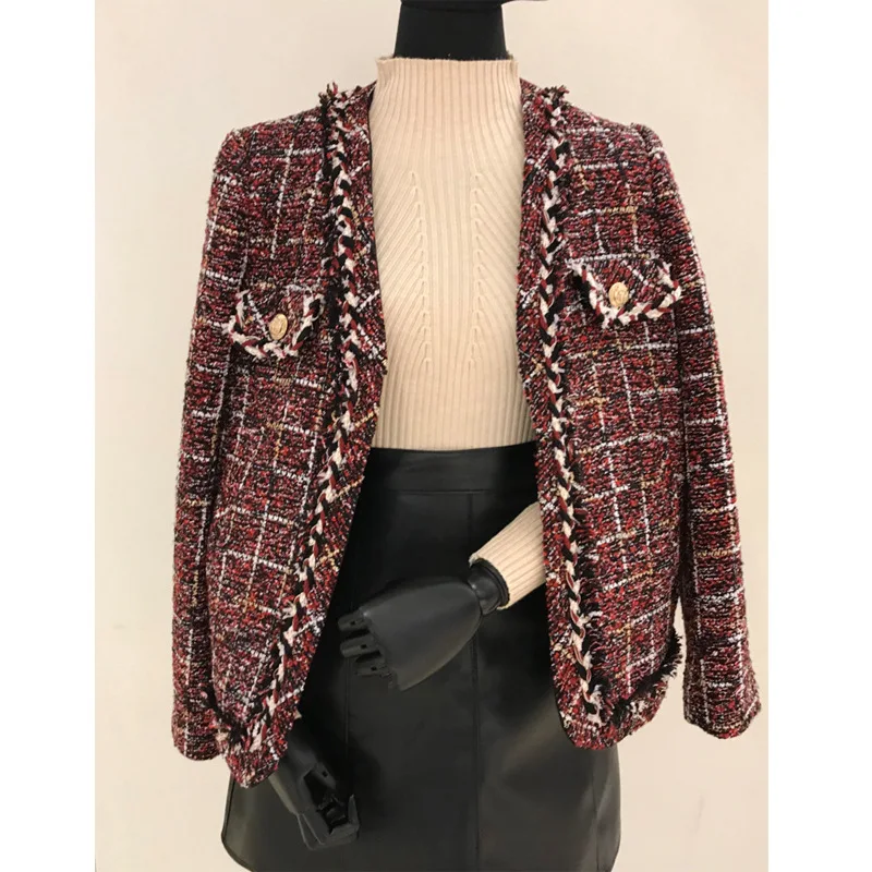 lower price  New Womens Black Tweed Jackets Plaid Coats Autumn Small Fragrance Long Sleeve Elegant Tassel Jacket