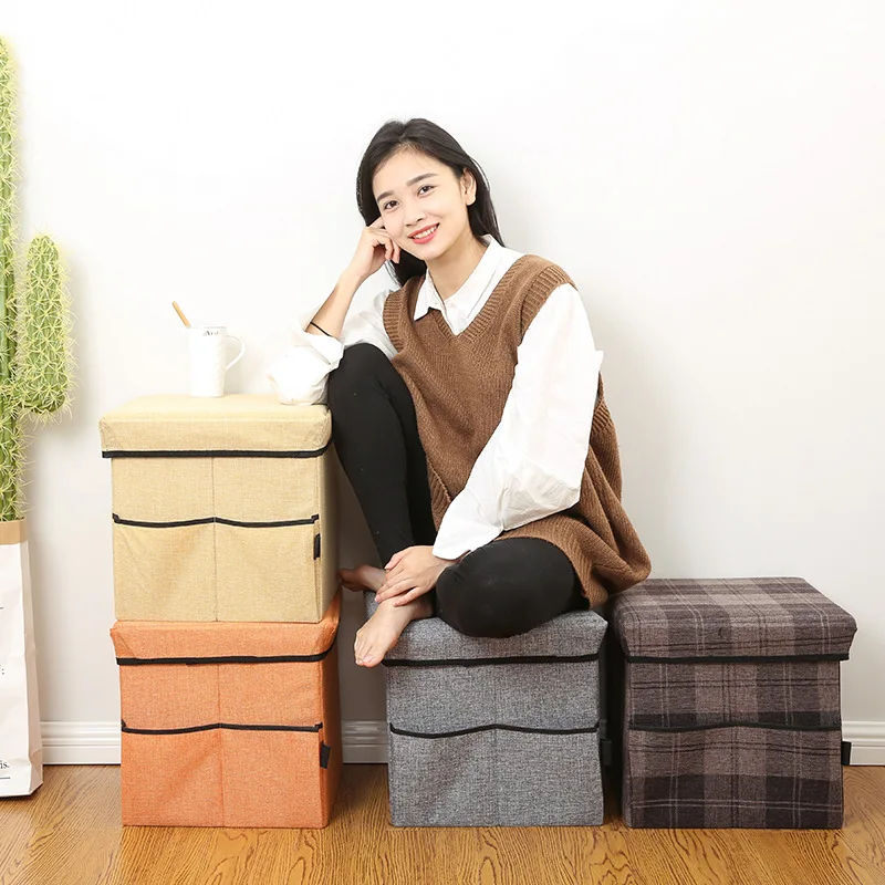 

Plaid Linen Cartoon Storage Chair Storage Stool Box Adult with Cap Foldable Clothes Storage Box Creative Footstool